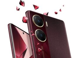 A vivo V29e stílusos, vékony készülék piros színben érkezik