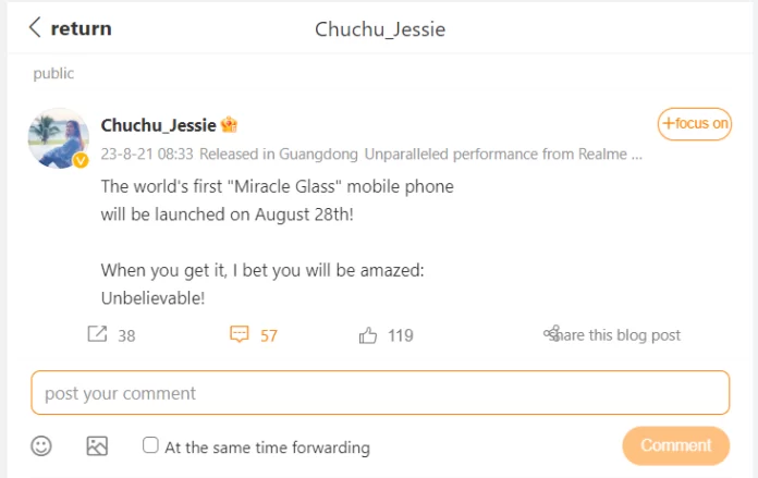 Az információkat Chuchu Jessi, a realme Kína marketingigazgatója osztotta meg, aki szerint ez a „csodás üveg” nem csak szép, de talán más tulajdonságokkal is rendelkezik.