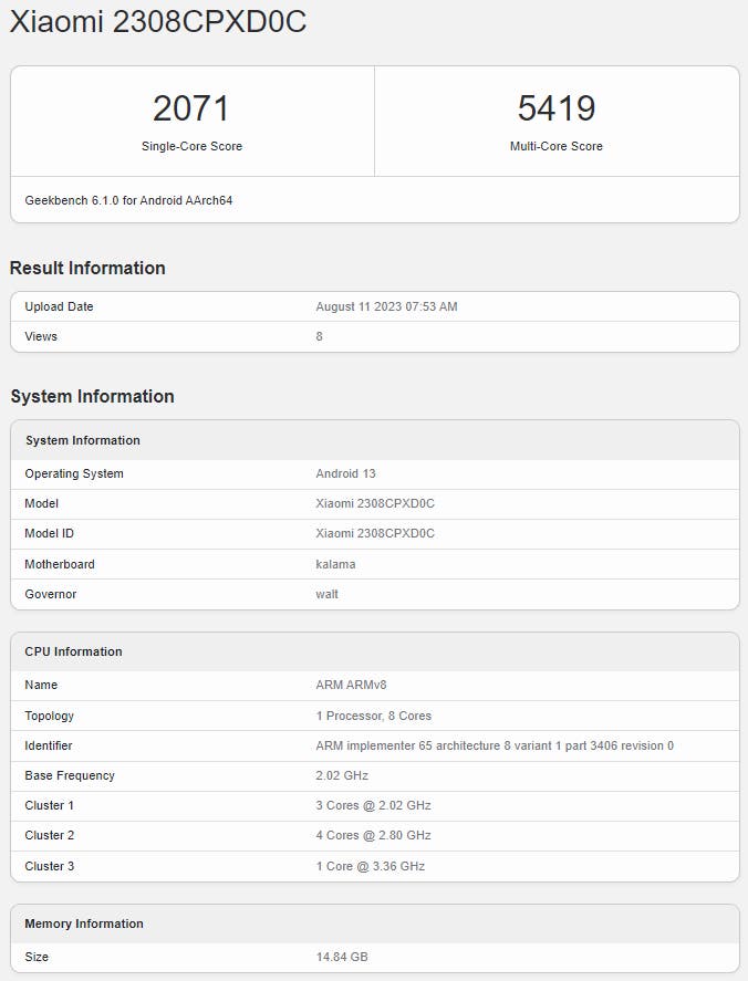A Xiaomi Mix Fold 3 a Geekbenchen mutatkozott be a Snapdragon 8+ Gen 2 lapkával 2 Közelebbi pillantás a Xiaomi Mix Fold 3 Geekbench teszteredményeire