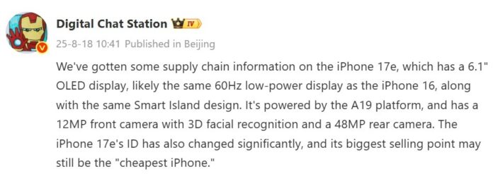 Az iPhone 17e részletei kiszivárogtak; A19 lapka, 48 MP-es kamera, klasszikus notch és 60 Hz marad