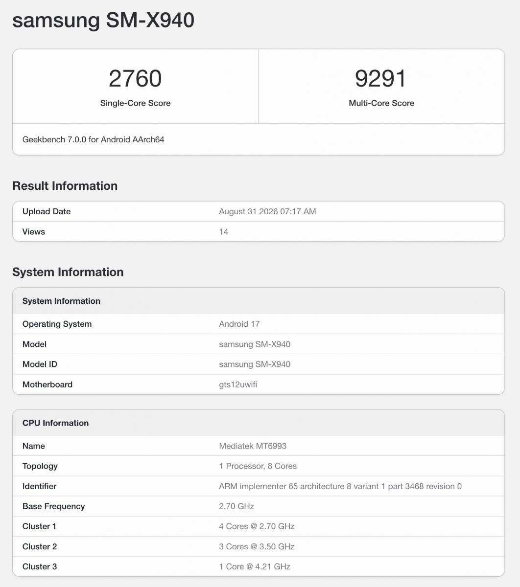 Geekbench: Dimensity 9500 dolgozhat a Galaxy Tab S12 Ultrában 1 Geekbench: Dimensity 9500 dolgozhat a Galaxy Tab S12 Ultrában