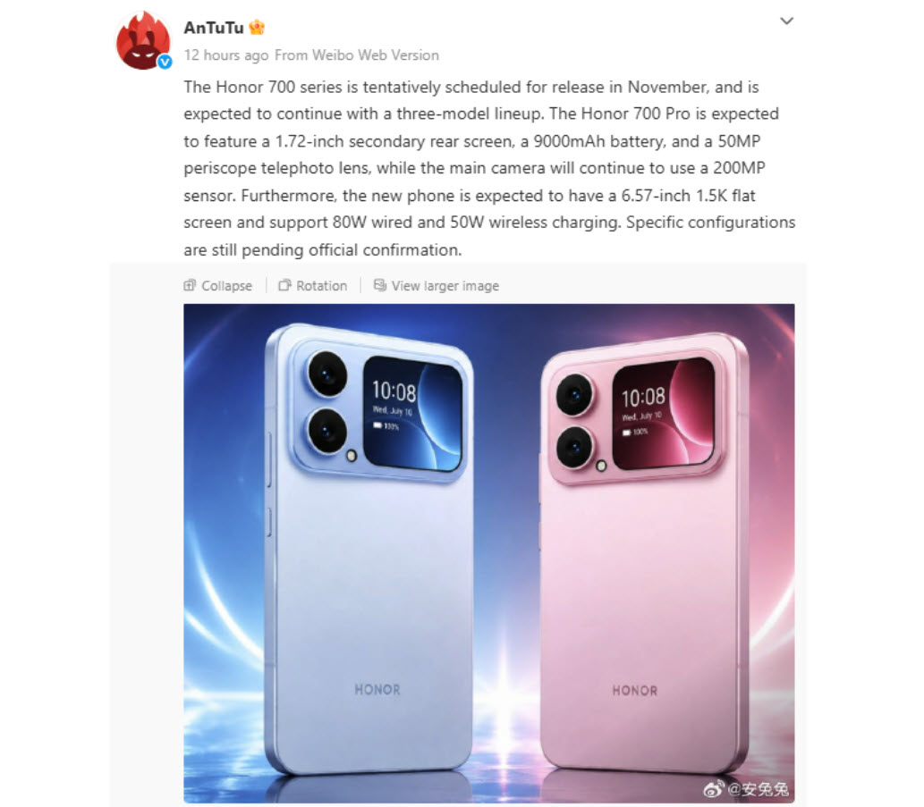Honor 700 Pro: 9000 mAh-s akkumulátor, 200 MP-es kamera és hátsó kijelző jöhet