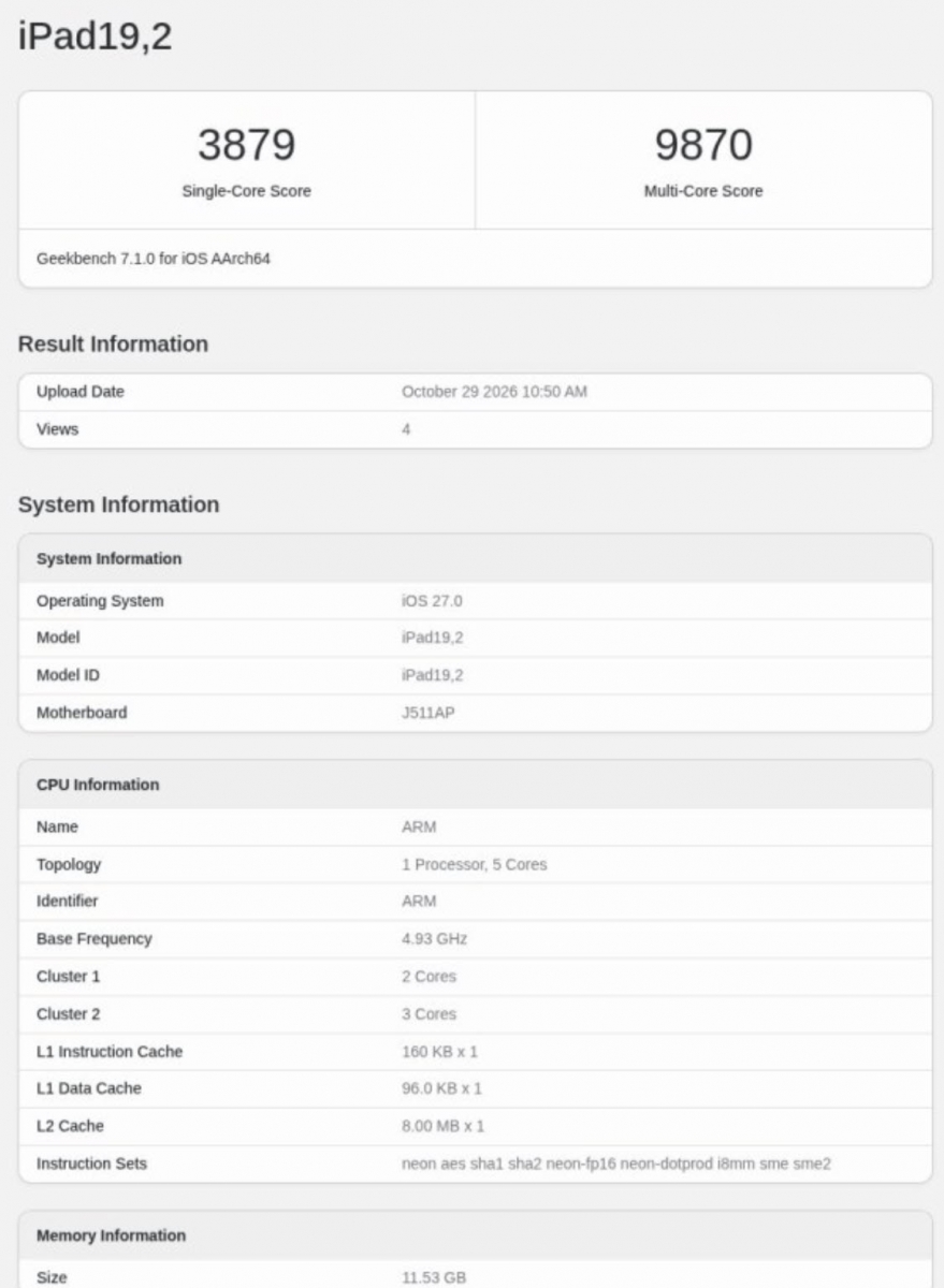 Az iPad mini (2026) egyszálas Geekbench-tesztben megelőzi az iPad Prót 1 iPad mini