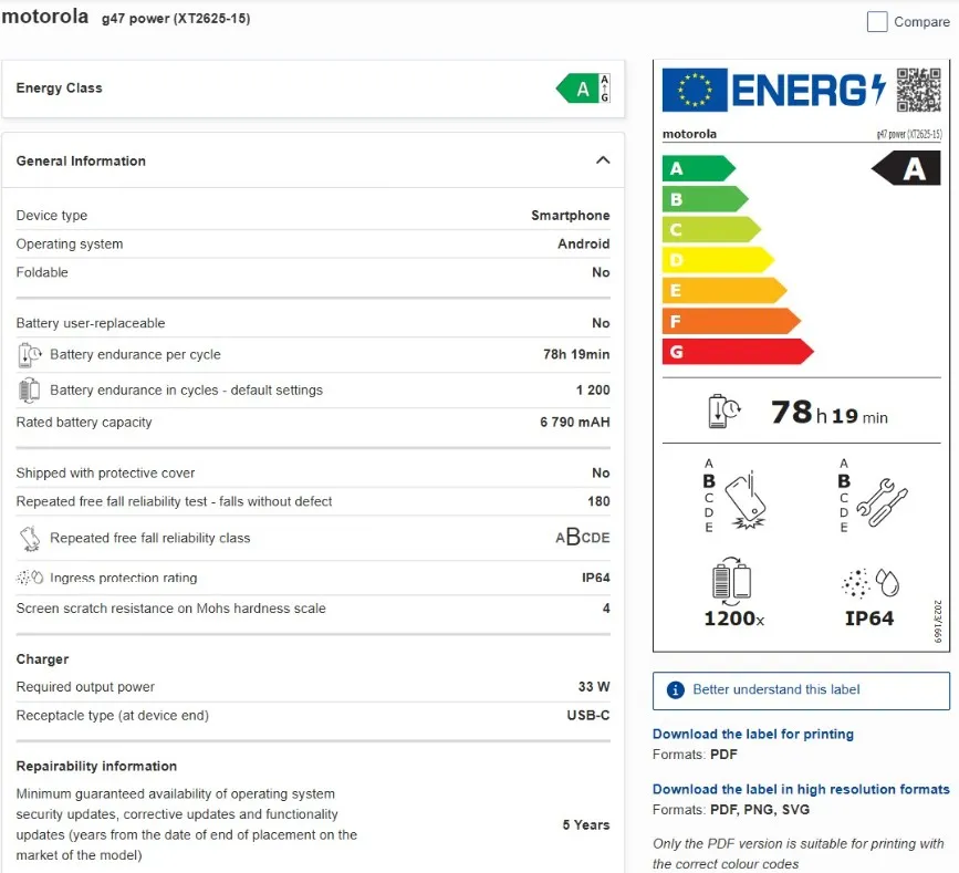 Motorola Moto G47 Power: az európai adatbázis 6790 mAh-s akkumulátort jelez