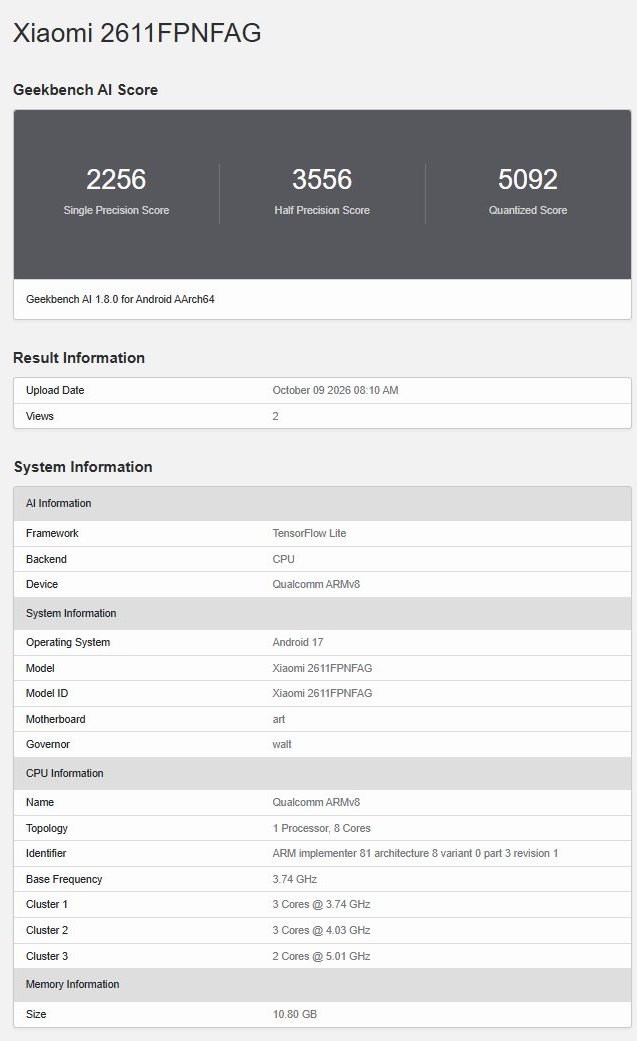 Geekbench AI-adatbázisban bukkant fel a globális Xiaomi 18 Pro Max 1 Xiaomi 18 Pro Max