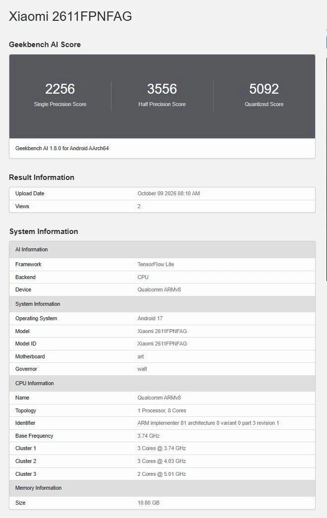 A Xiaomi 18 Pro globális változata is felbukkant a Geekbench AI-ban 2 A Xiaomi 18 Pro globális változata is felbukkant a Geekbench AI-ban